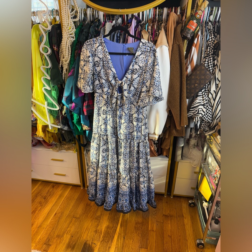 Taylor Blue and White Boho Print Maxi Dress